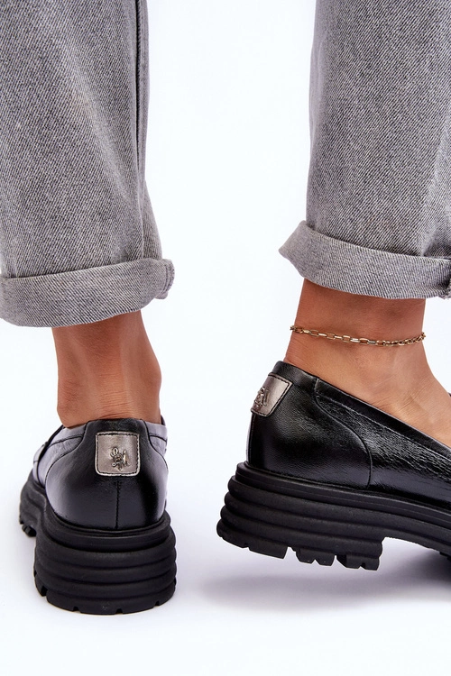 Półbuty Loafersy Damskie Skórzane Na Płaskim Obcasie Czarne Elkiza