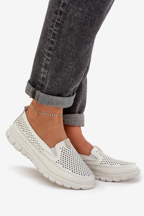 Lekkie Skórzane Ażurowe Mokasyny Damskie Na Platformie Białe Tanelora