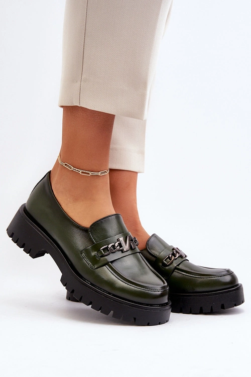 Skórzane Mokasyny Damskie Z Ozdobą Ciemnozielone Loraleima