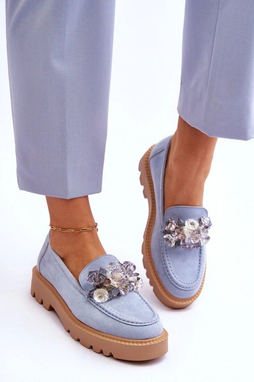 Modne Zamszowe Mokasyny Z Kryształkami Niebieskie Demeris