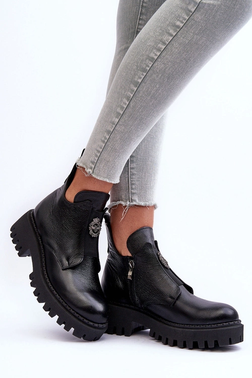 Damskie Skórzane Botki Z Ozdobą Czarne Lemar Lusanna
