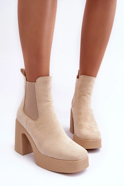 Zamszowe Botki Na Masywnym Słupku Beżowe Sunilda