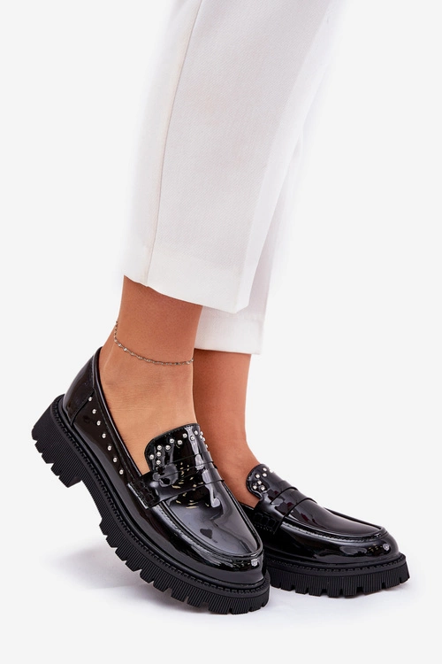 Mokasyny Damskie Lakierowane Ze Zdobieniem Czarne Nallae