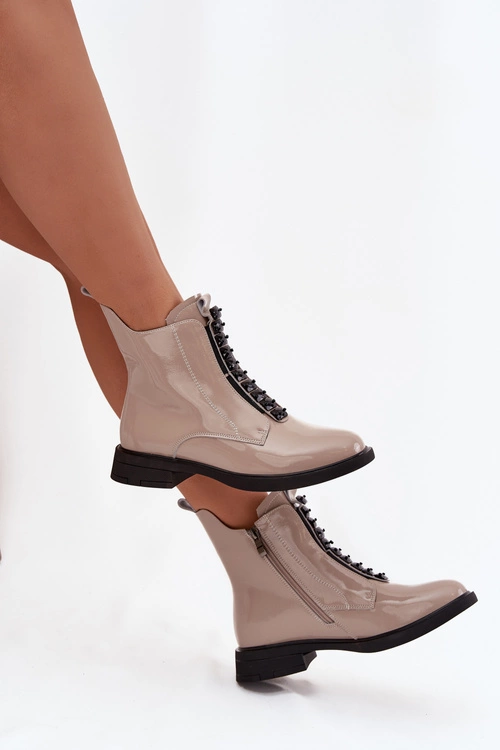 Lakierowane Botki Damskie Z Naturalnej Skóry D&A MR52-108 Beżowe
