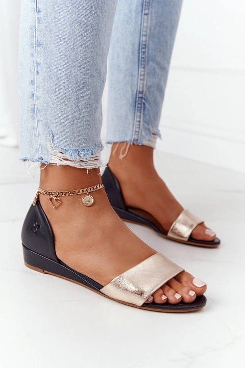 Skórzane Sandały Maciejka 1971-46 Czarno-Złote