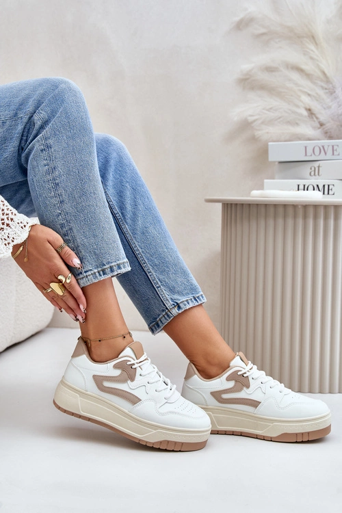 Damskie Sneakersy Z Eko Skóry Na Platformie Biało-Beżowe Henizore