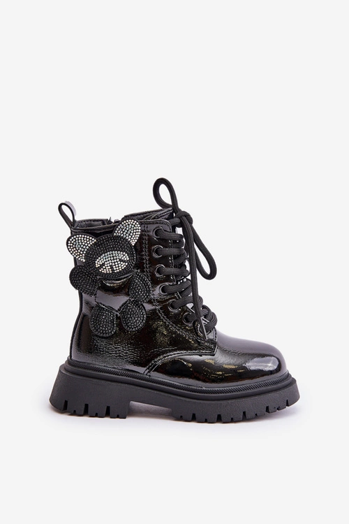 Ocieplane Botki Dziewczęce Z Misiem Na Zamek Lakierowane Czarne Relobia
