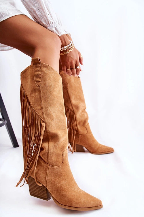 Damskie Zamszowe Kozaki Kowbojki Z Frędzlami Camel Simplo