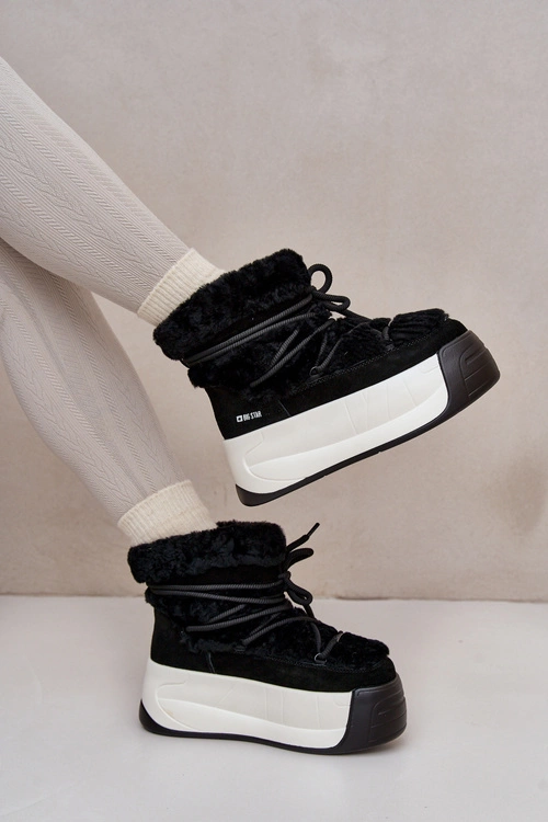 Skórzane Śniegowce Damskie Na Grubej Podeszwie Z Futerkiem Big Star OO274A206 Czarne