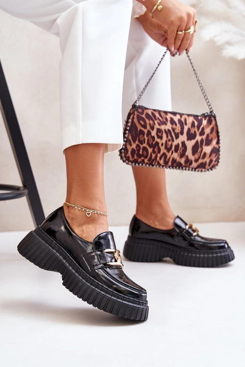 Zazoo 20176 Lakierowane Półbuty Mokasyny Damskie Ze Skóry Naturalnej Czarne