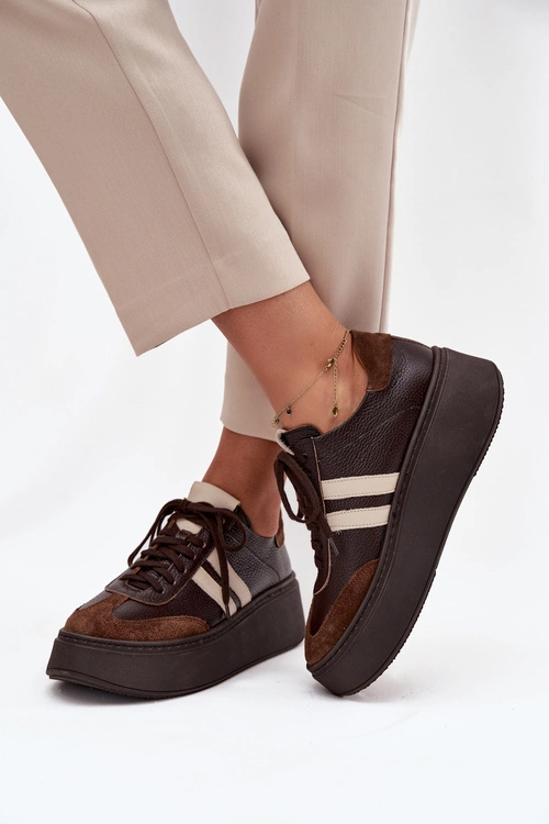 Skórzane Sneakersy Damskie Na Platformie Zazoo 3775 Czekoladowe