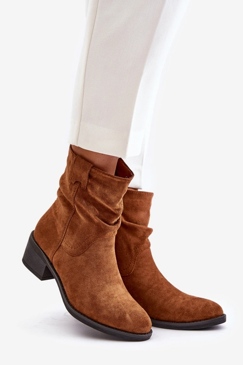 Ocieplane Botki Damskie Z Marszczoną Cholewką Na Niskim Obcasie Camel Zinanya