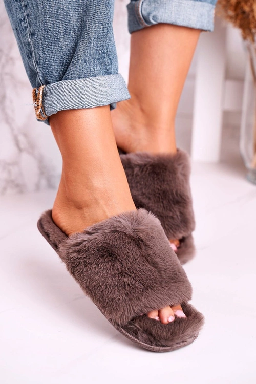 Damskie Klapki Papcie Futrzane Szare Sweet