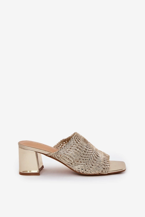 Klapki Damskie Z Plecionką Na Obcasie Złote Ciariloria