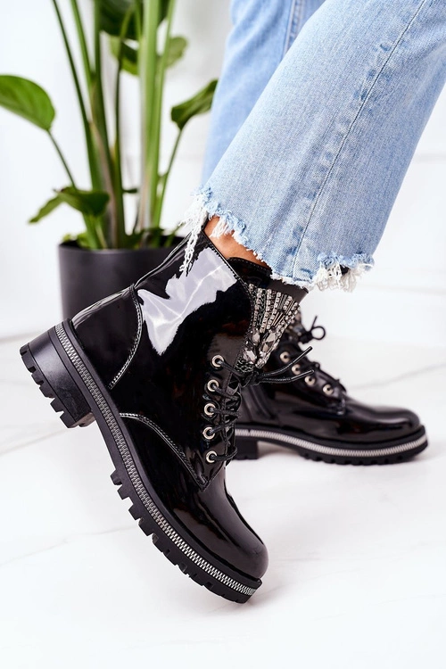 Lakierowane Ocieplane Workery Z Cyrkoniami Czarne Attention