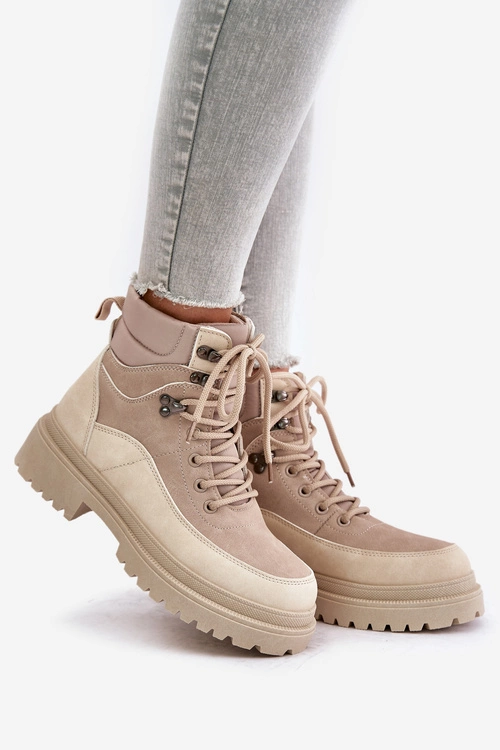 Botki Trapery Damskie Sznurowane Beżowe Rabaria