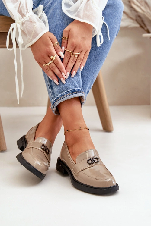 Lakierowane Mokasyny Damskie Ze Skóry Naturalnej Khaki Vinceza 58409