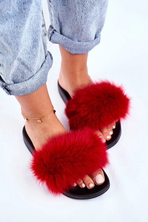 Klapki Damskie z Naturalnym Futerkiem Czerwone Bushido