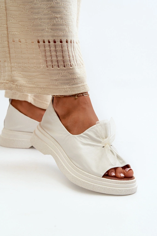 Zazoo 2939 Skórzane Sandały Damskie Z Kokardką Białe