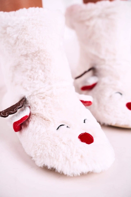 Świąteczne Papcie Z Reniferem Ocieplone Kożuszkiem Białe Rudolph