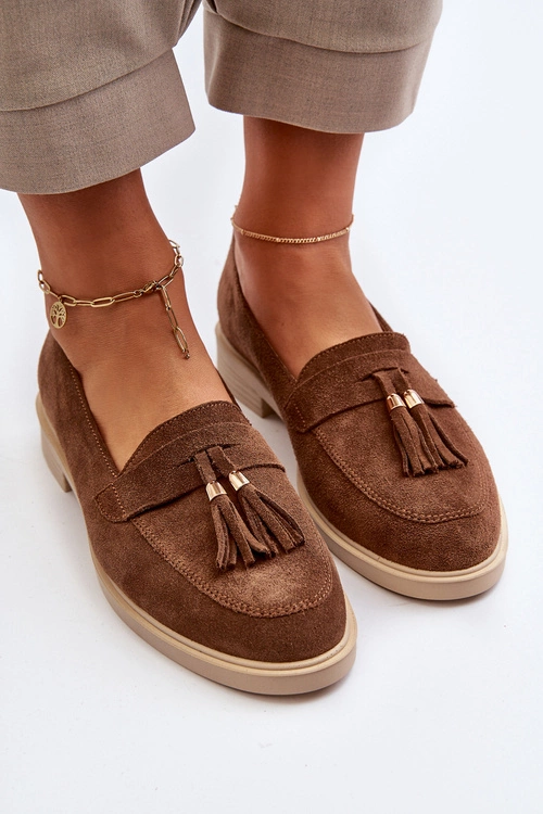 Zazoo 3420 Zamszowe Mokasyny Damskie Na Płaskim Obcasie Brązowe