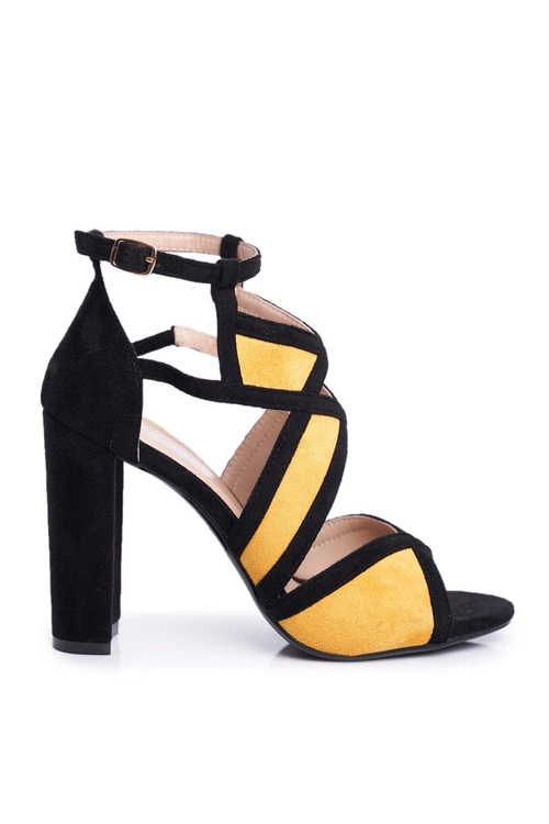 Zamszowe Sandały Na Słupku Czarno-Żółte Emolly