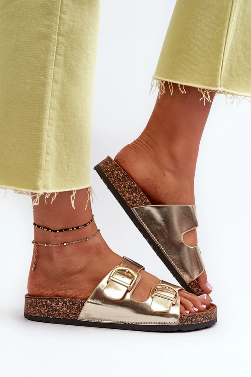 Damskie Klapki Na Korkowej Platformie Z Paskami Złote Doretta