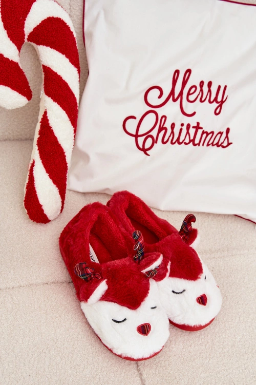 Kapcie Świąteczne Damskie Z Motywem Renifera Futrzane Czerwone Orsella