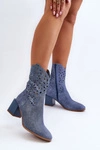 Jeansowe Botki Z Ażurową Cholewką Na Klocku Niebieskie Irvelame 