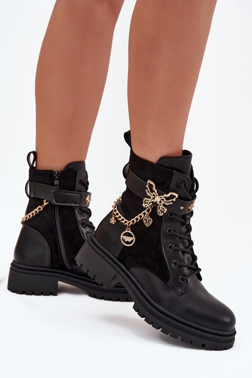 Botki Workery Damskie Ocieplane Ze Złotym Łańcuchem I Zawieszkami Czarne Ravine