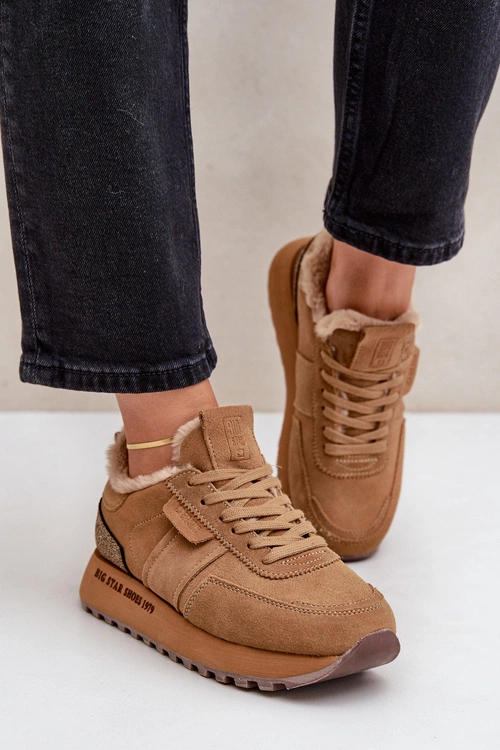 Zamszowe Sneakersy Damskie Z Futerkiem I Błyszczącym Elementem Big Star OO274578 Hi-Poly System Camel