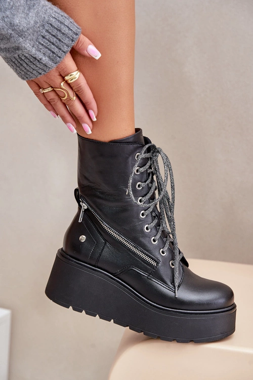 Skórzane Botki Workery Na Platformie I Koturnie Maciejka 06676-01 Czarne