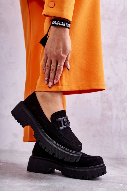 Damskie Półbuty Zamszowe Z Ozdobą Czarne Leeza