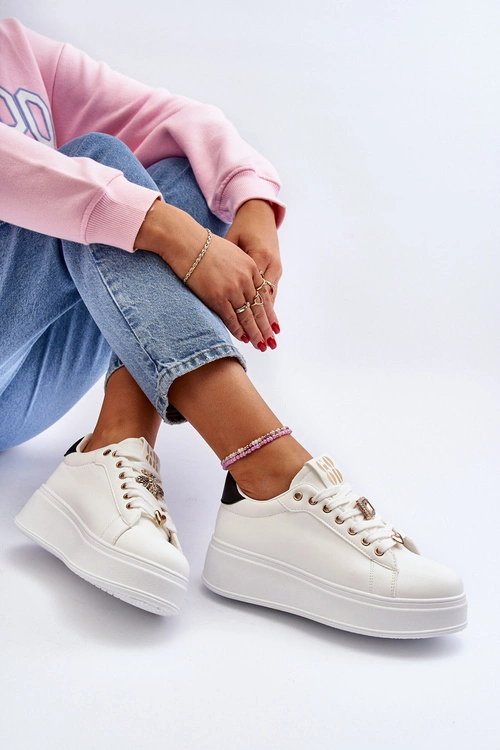 Sneakersy Damskie Na Platformie Z Ozdobami Białe Herbisa