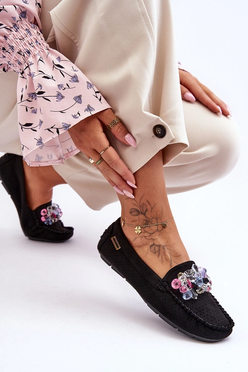 Modne Zamszowe Mokasyny Z Ozdobami Czarne Delima