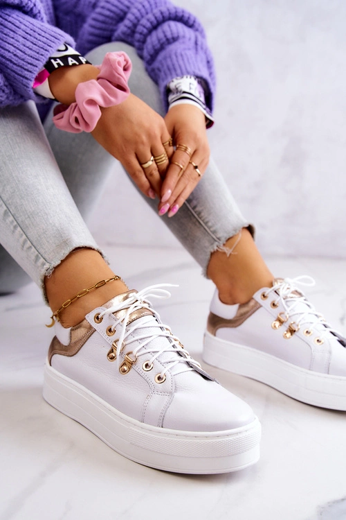 Skórzane Buty Sportowe Na Platformie Białe Mary Ann