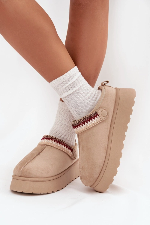 Śniegowce Damskie Niskie Z Ruchomym Paskiem I Haftem Na Platformie Jasnobeżowe Lyrisse