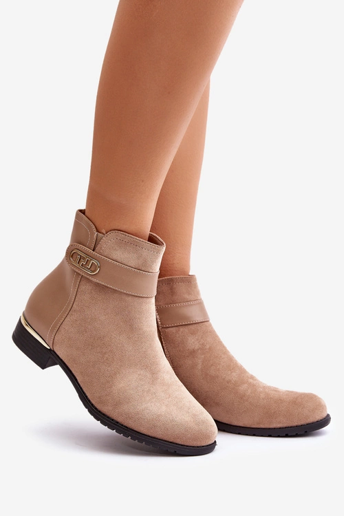 Ocieplane Botki Damskie Na Płaskim Obcasie Ze Złotym Detalem Beżowe Ravasira