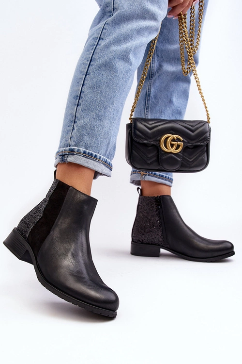 Damskie Sztyblety Botki Na Płaskim Obcasie Z Cekinami Czarne Messio