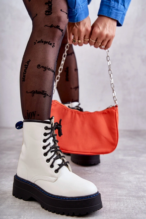 Damskie Wiązane Botki Glany Białe Callie