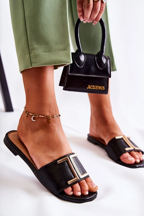 Damskie Skórzane Klasyczne Klapki Z Ozdobą Czarne Maren