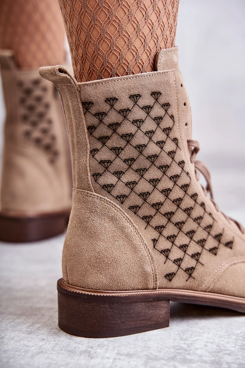 Sznurowane Zamszowe Botki Nicole 2751 Beżowe