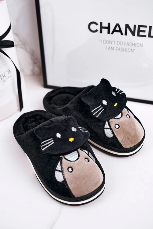 Dziecięce Ocieplane Klapki Papcie Czarne Kitty