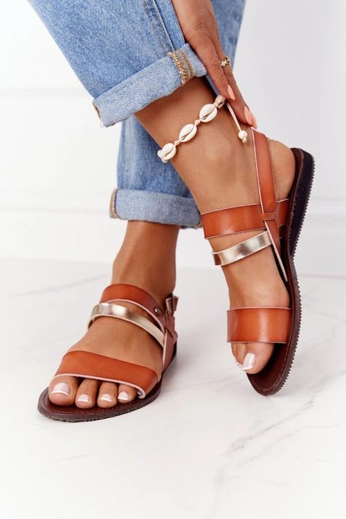 Płaskie Sandały Damskie Brązowo-Złote Doris