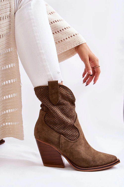 Damskie Zamszowe Ażurowe Botki Kowbojki Khaki Eleonore