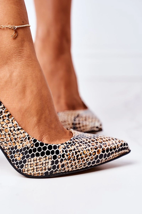 Skórzane Czółenka Ze Zwierzęcym Wzorem Lewski Shoes 2453 Czarno-Beżowe