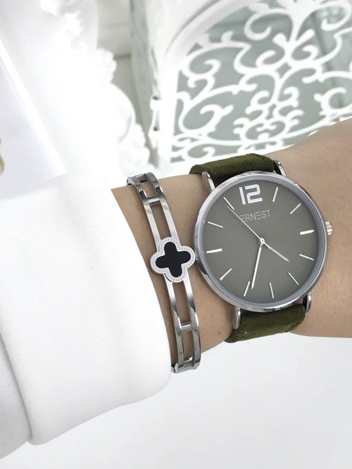 Damski Zegarek Ernest Manon Zamszowy Oliwkowy Srebrny