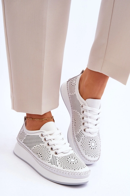 Damskie Skórzane Ażurowe Buty Sportowe Białe Marea