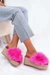 Klapki Damskie Na Koturnie Z Futerkiem I Plecionką Fuksja Virela