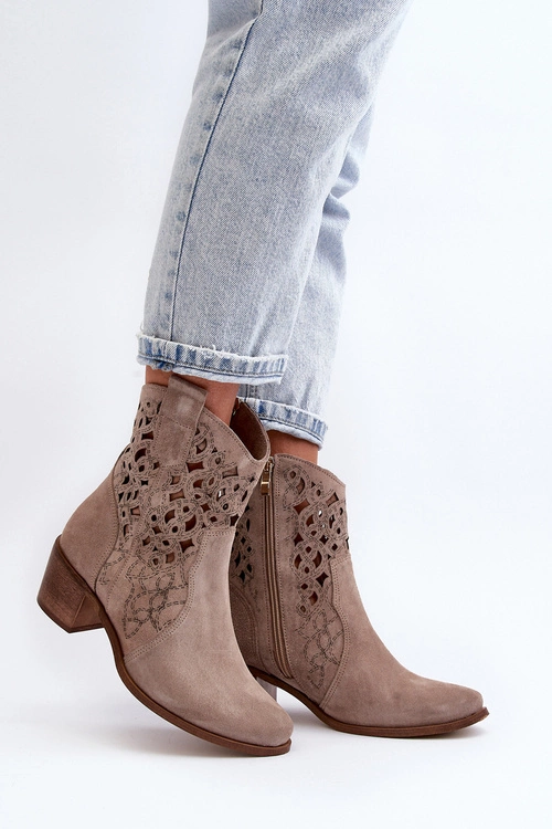 Zazoo 3394 Damskie Botki Na Obcasie Ażurowe Cappucino